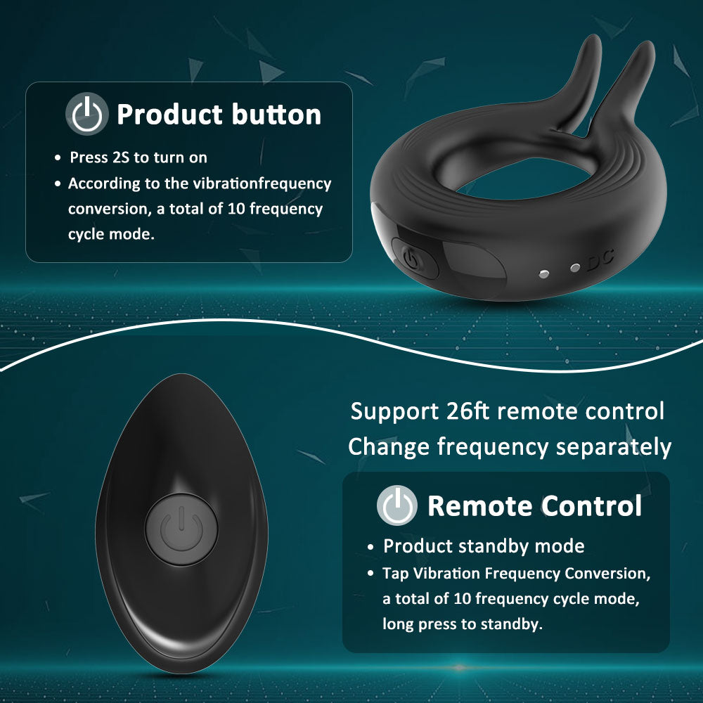 10 Frequency Magnetic Charging Rabbit Ear Cock Ring Silicone Male Vibrating Penis- Ring Adult- Products Masturbation- Device